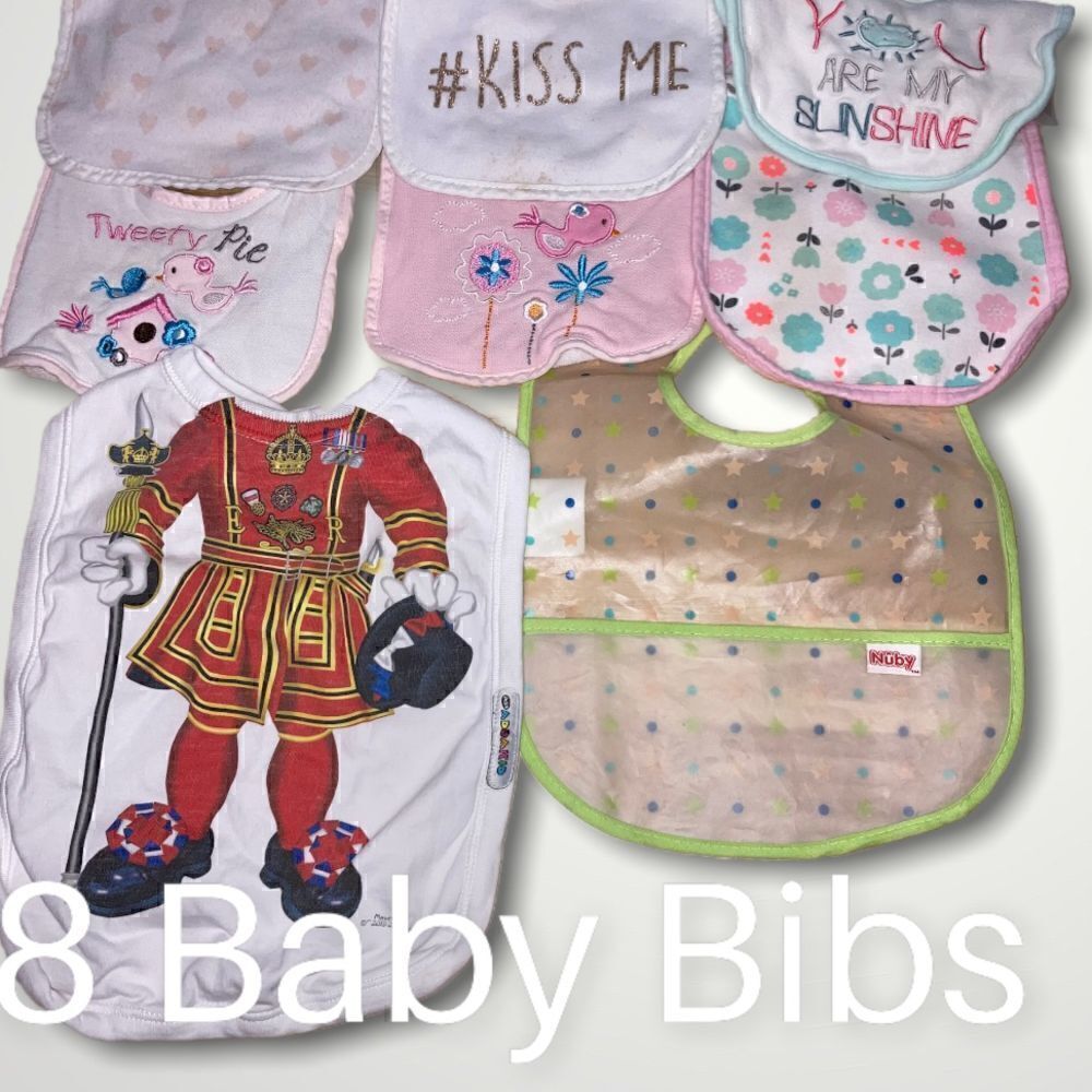 8 Baby Bib Lot, Just Add a Kid, Nuby Easy Clean Bib, Beefeater, Toddler Girl Boy